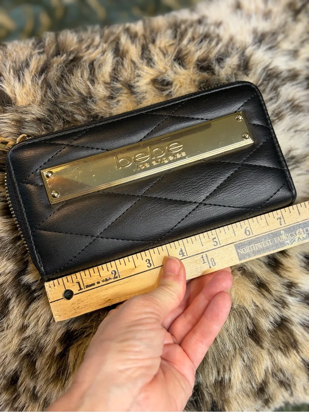 bebe Black Quilted Zip Wallet with Gold Logo Plaque #1329